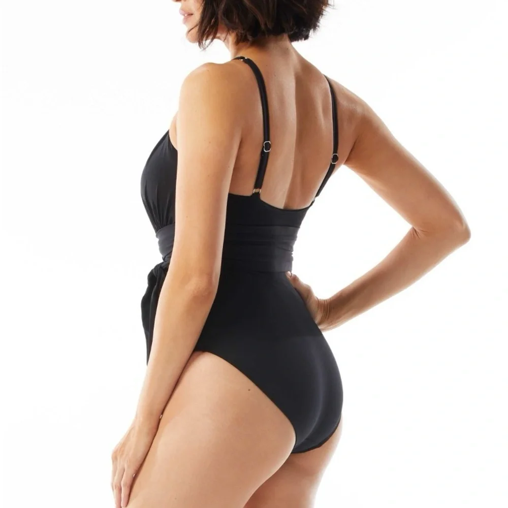 NWT Contours by CoCo Reef Belted High-Neck One-Piece Swimsuit- Black- 12/36C - Picture 2 of 13